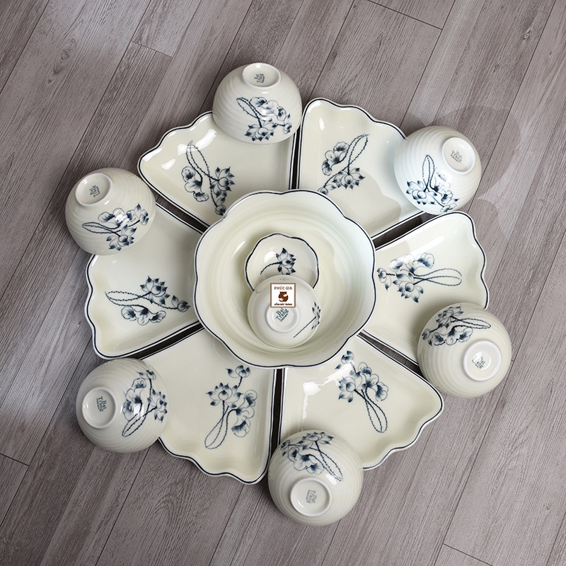 Bộ Bát Đĩa Hoa Mặt Trời men kem chỉ xanh hoa văn đài sen,Bộ bát đĩa cúng tết Gốm Bát Tràng, nhiều mẫu mã set 7-32 món
