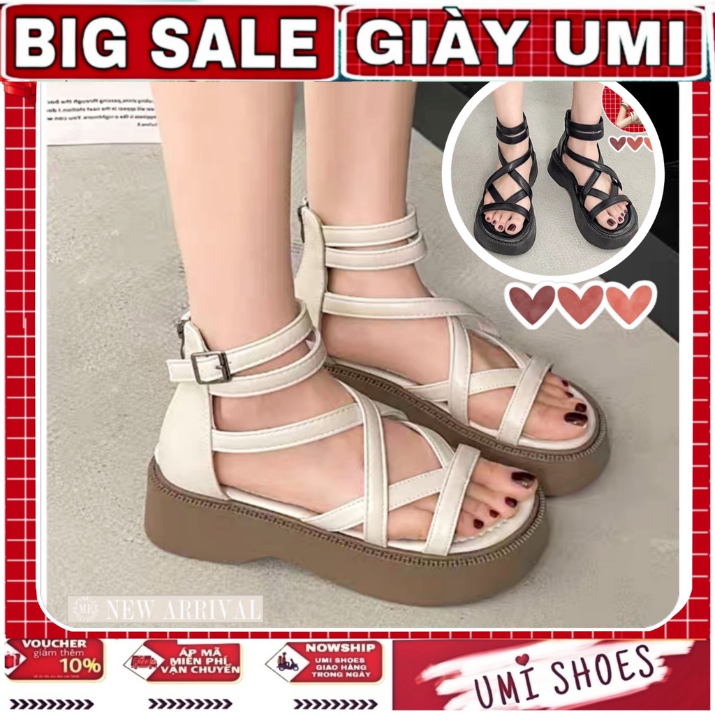 GIÀY SANDAL NỮ UMI_MÃ SD99 KHÓA KÉO SAU ĐẾ BÁNH MÌ DÂY QUẤN HÀN QUỐC quai hậu Màu Đen/Kem Xang đan hot