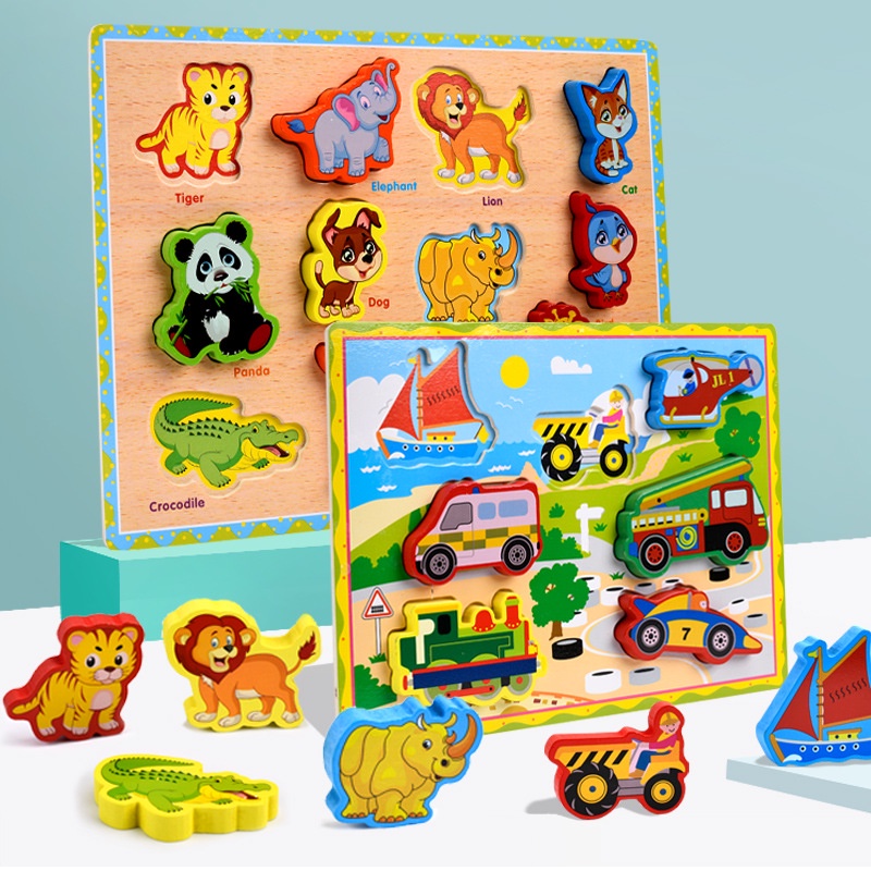 Bảng ghép hình 3D bằng gỗ với chủ đề động vật và phương tiện giao thông cho bé phát triển tư duy trí tuê