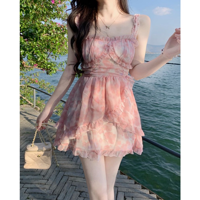 Lalisas set Đầm Dây Không Đều Thiết Kế Ngọt Ngào + Khăn Choàng Trắng Thời Trang Cho Nữ (Đặt Hàng)