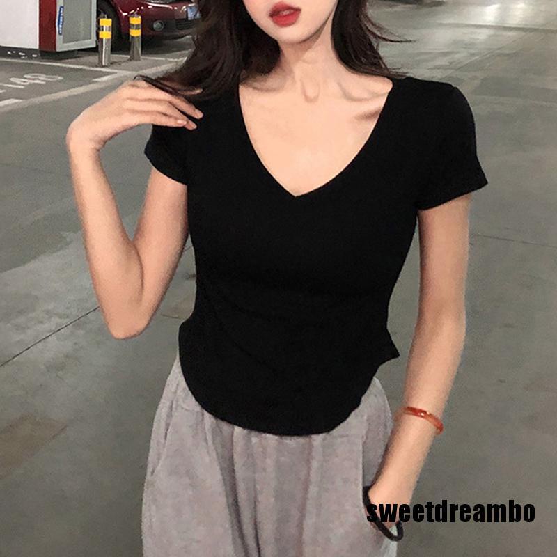 Áo Thun Tay Ngắn Cổ Chữ V Màu Trơn Thiết Kế Độc Đáo Thời Trang Mùa Hè Cho Nữ