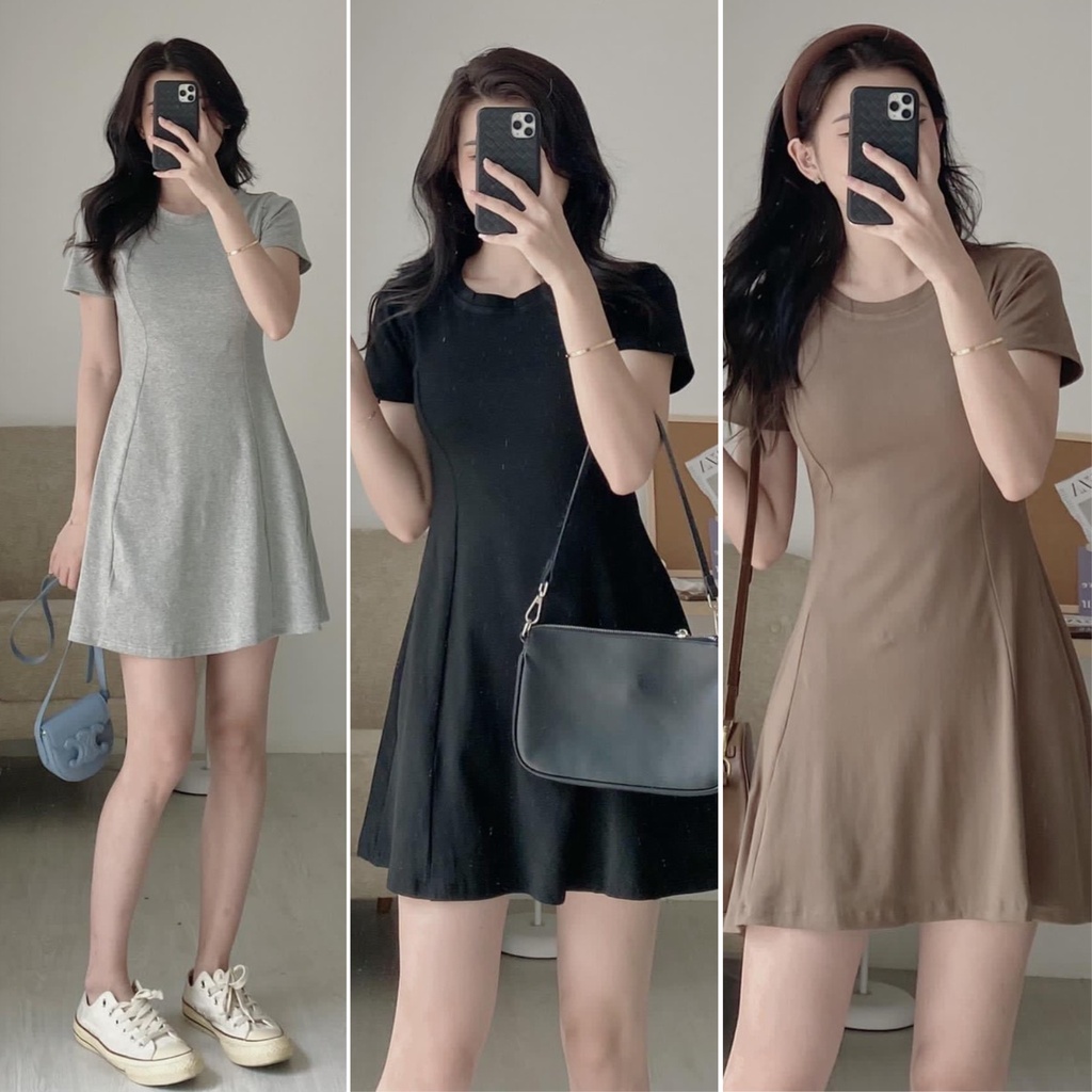 Váy thun trơn ôm body ngắn tay cổ tròn xòe nhẹ 3 màu nâu xám đen basic xưởng sỉ nguyễn hoa