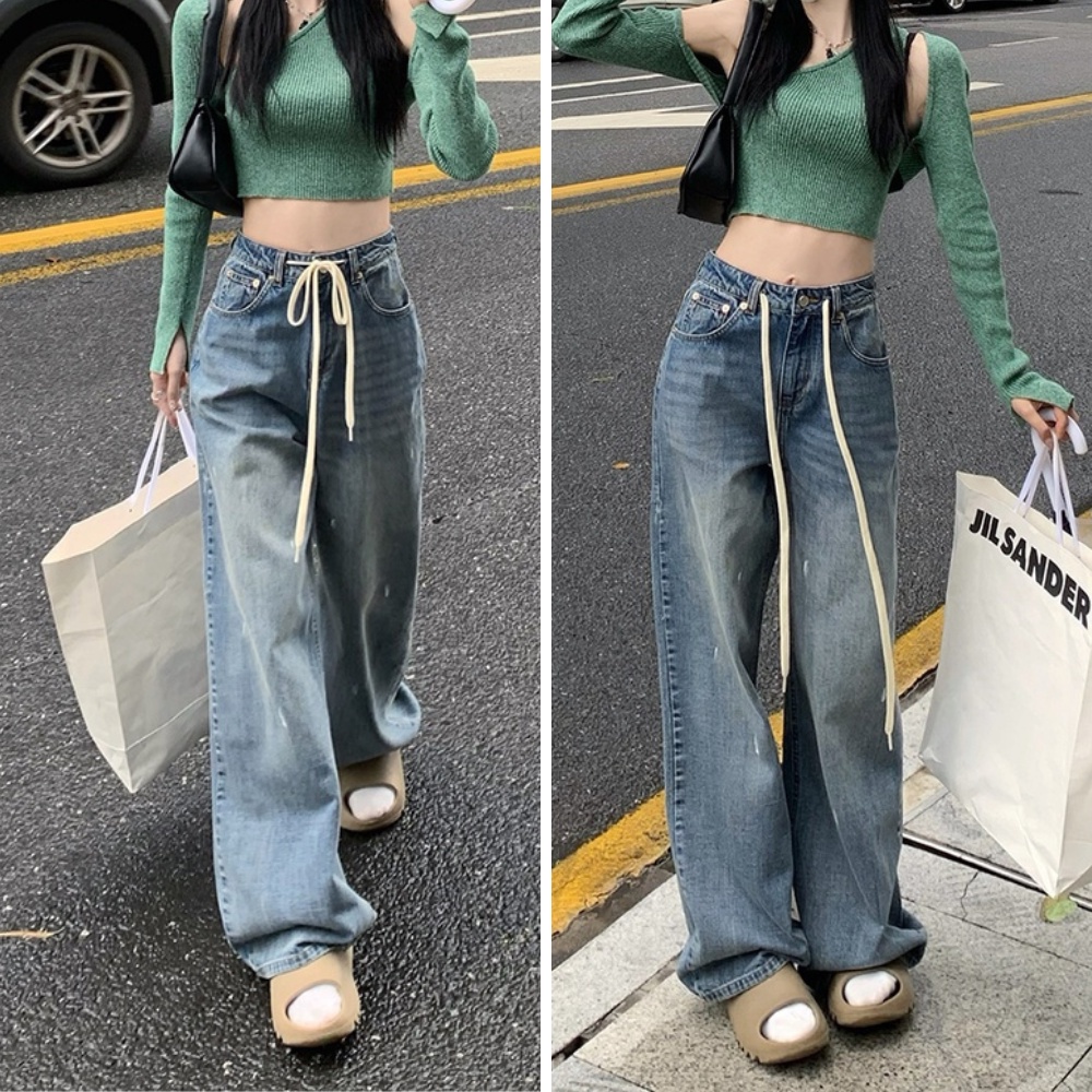 Quần Jeans Denim Ống Rộng Dáng Suông Lưng Cao Có Dây Rút Phong Cách Hàn Dễ Phối Đồ Cực Đẹp