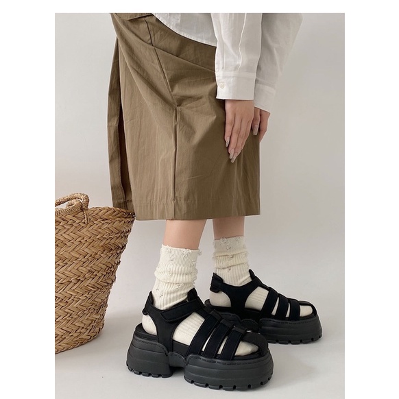 Giày sandal mũi rọ nữ phong cách la mã đế cao 6cm chất liệu vải đế cao su phong cách cá tính ulzzang