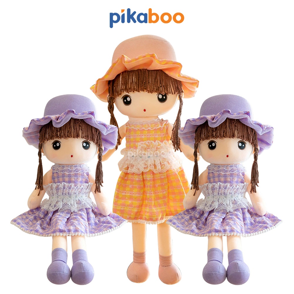 Búp bê nhồi bông bé gái đội mũ váy kẻ đáng yêu size 45 60 75 cm cao cấp Pikaboo chất liệu cao cấp mềm mịn