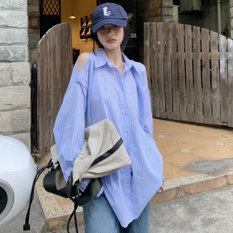 SẴN - ÁO SƠ MI KẺ SỌC KHOÉT VAI TIỂU THƯ HÀN QUỐC