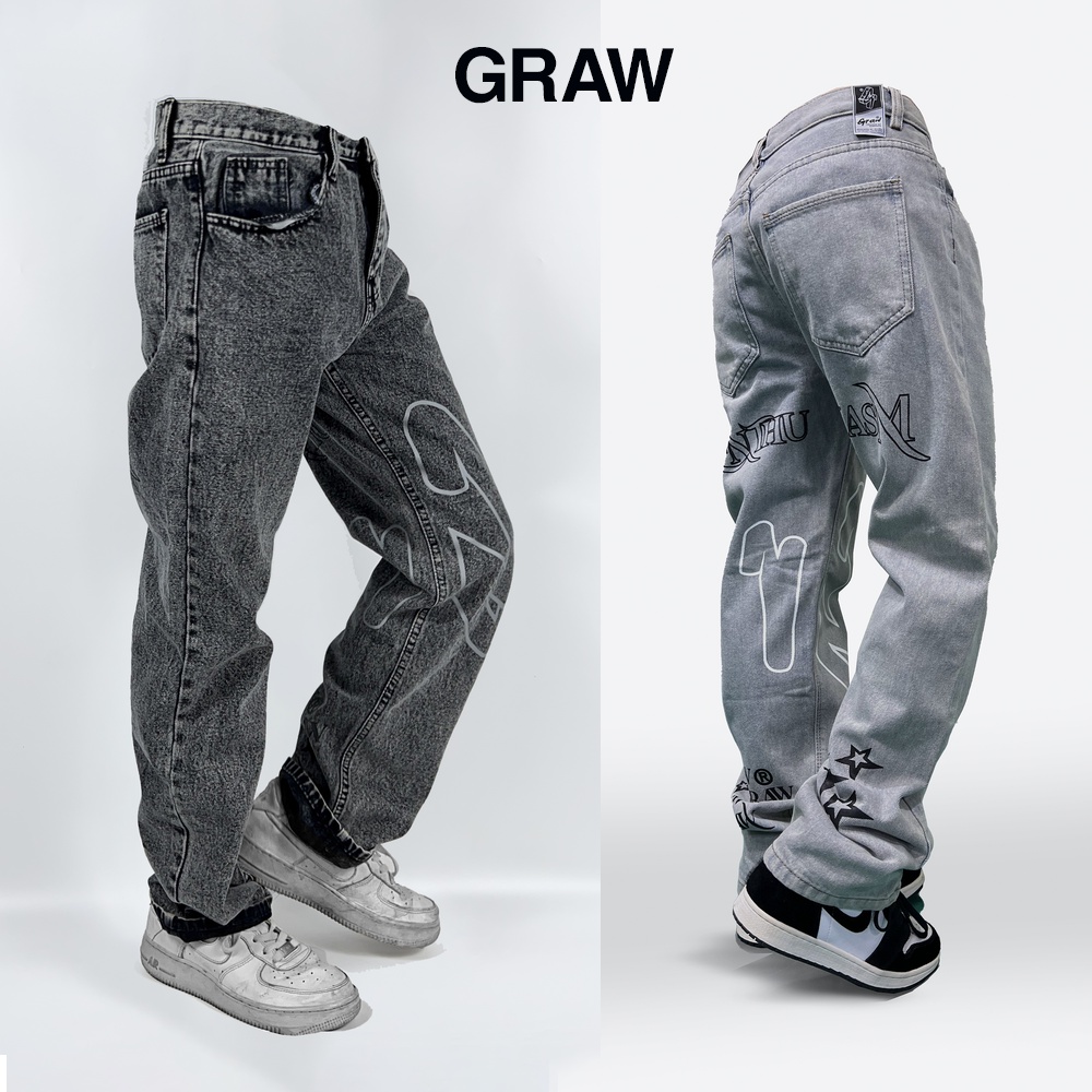Quần Jean Washed Graphic Ống Rộng Form Relaxed Fit Vừa 2 màu Grey Dark / Light Blue Graw