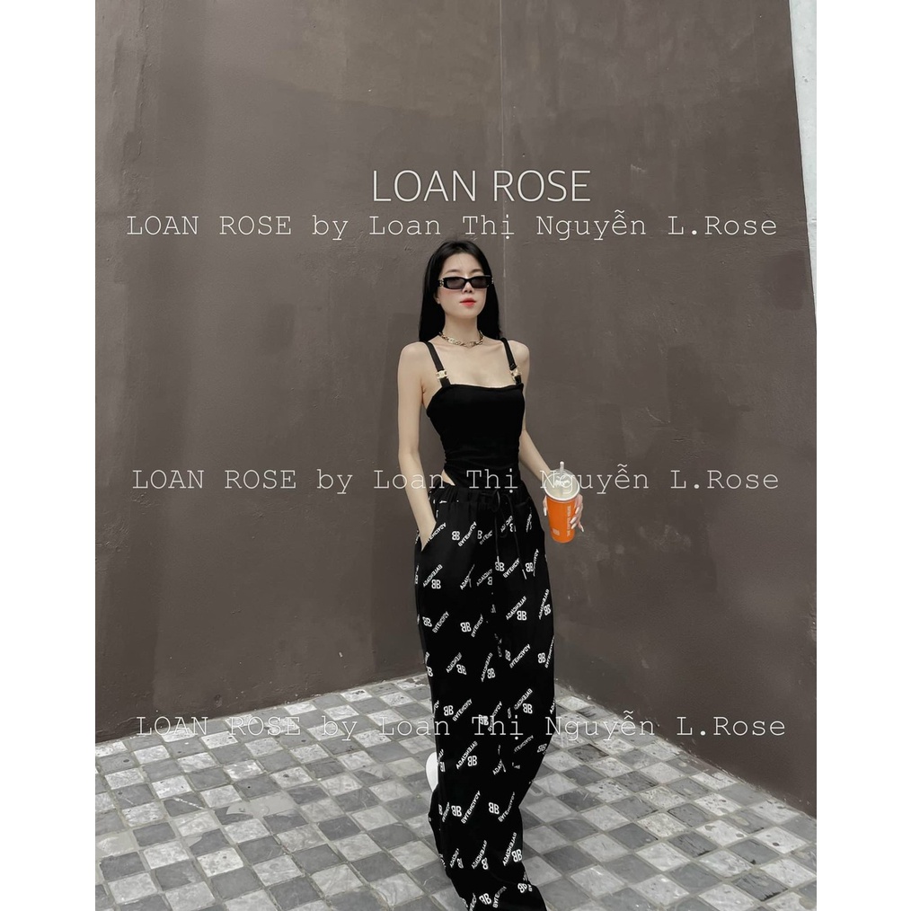 [4.4 Sales Freeship] Set bộ áo đen 2 dây cổ vuông phối quần dài ống rộng in chữ hoạ tiết đi chơi, dạo phố siêu chất mtb