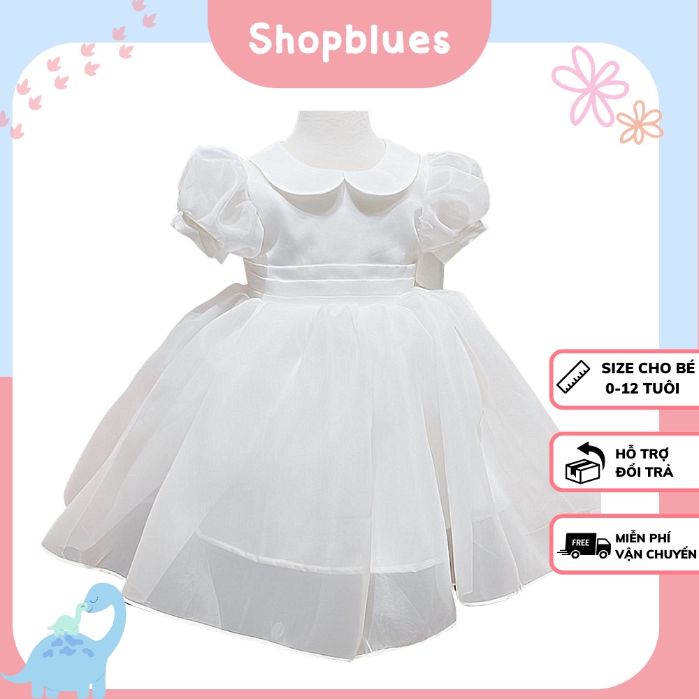 Đầm công chúa bé gái SHOPBLUES voan cao cấp tay phồng bạch tuyết màu trắng đính nơ cho bé từ 0-12 tuổi