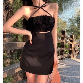[SNAPPI] Đầm đen ôm body đầm đi biển họa tiết hoa hồng cổ yếm hở eo cực sexy