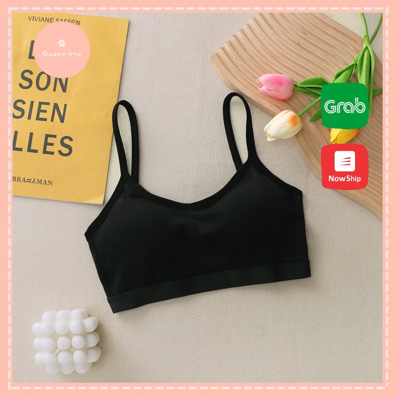 Áo bra có mút liền bàn tay nâng ngực, áo lót vải mềm cotton khoét chữ U cá tính, áo lá học sinh, Queen.Nga