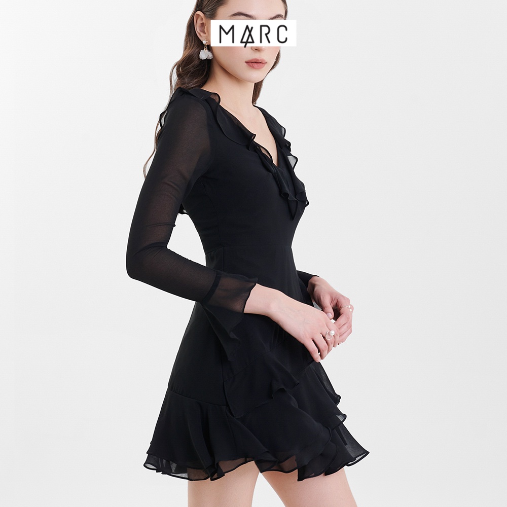 Đầm nữ MARC FASHION mini cổ tim tay dài phối bèo TRSH023123