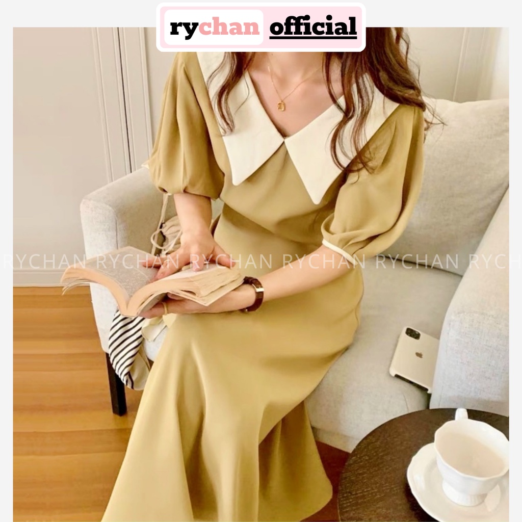 [ẢNH THẬT CUỐI] Đầm Váy Nữ Tay Ngắn Cổ Lá Phối Trắng Thanh Lịch, Đầm Nữ Dạo Phố Form Dài Basic Xòe Màu Kem - DX360