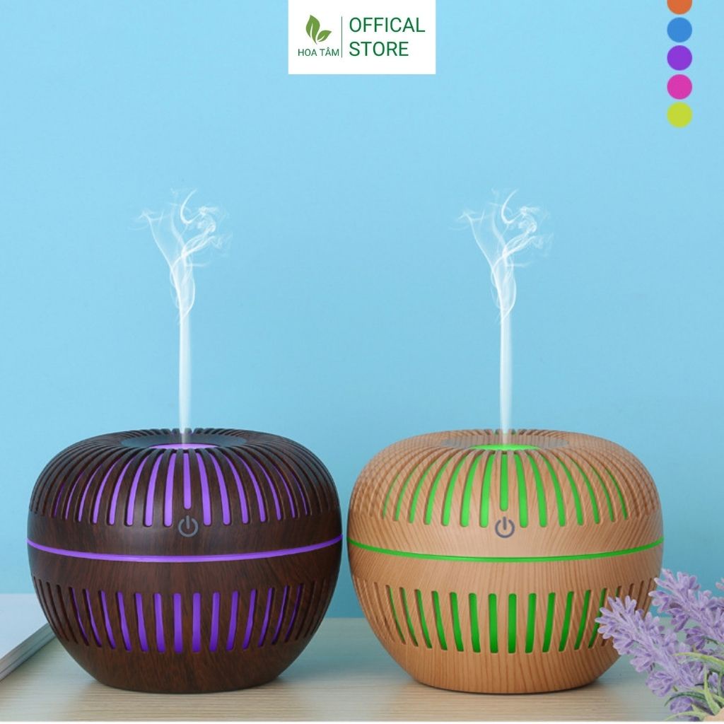 Máy xông tinh dầu phòng ngủ phòng khách, hình quả táo vân gỗ, đèn lồng led 7 màu, dung tích 200ml | BH 6 tháng