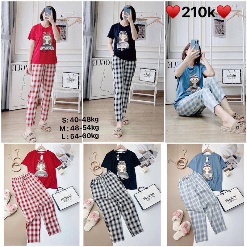 Set bộ áo cotton cô gái đeo băng đô mix quần đũi kẻ cho nữ