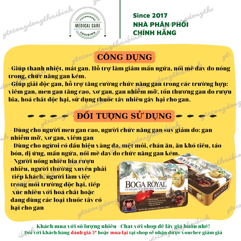 Viên giải độc gan BOGA ROYAL - Viên bổ gan, hạ men gan, tăng cường chức năng gan BogaRoyal Hộp 60 viên