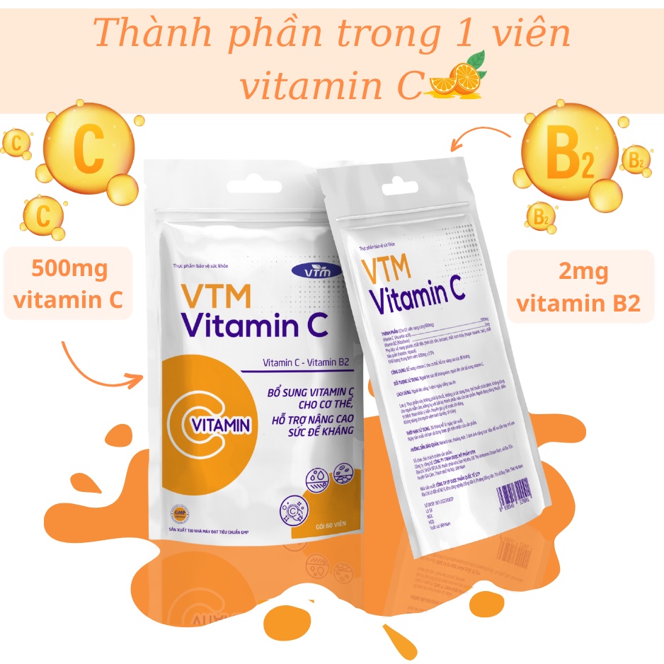 Viên uống VTM Vitamin C bổ sung vitamin C, sáng da, mờ thâm, tăng đề kháng gói 60 viên (30 ngày)