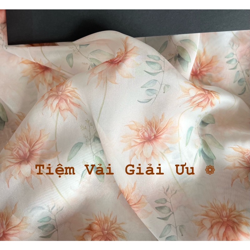 Vải tơ óng trắng hoa cam - Khổ 1,5m