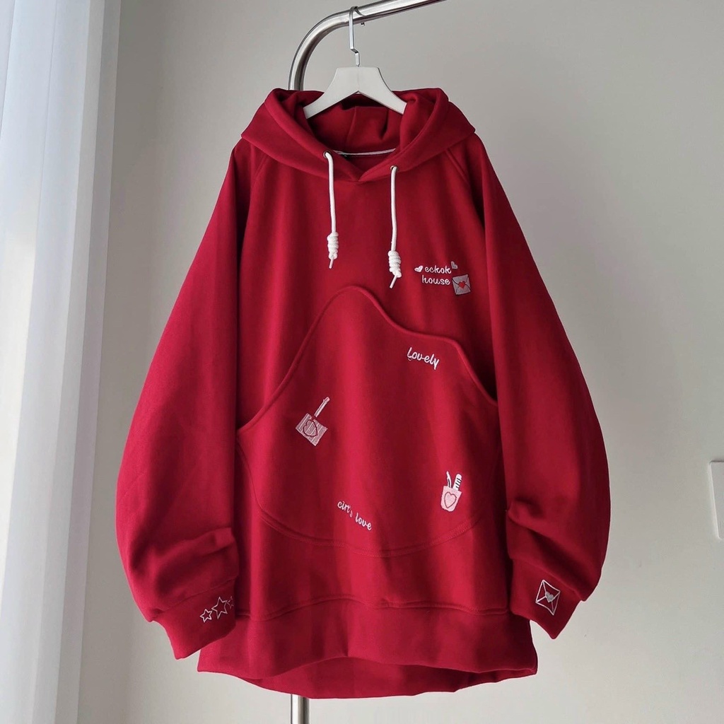 Áo hoodie - Áo khoác nữ chất vải nỉ ngoại dày dặn phối TÚI LẠ form rộng có 4 màu lựa chọn ĐỎ/KEM/TÍM/XANH