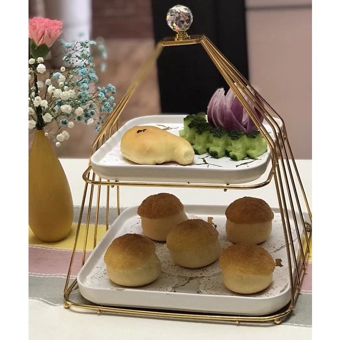 🍰 Khay Bánh Tháp 2 Tầng Đĩa Sứ Vuông Vân Đá Mạ Vàng Cao Cấp KBLC003 🍰