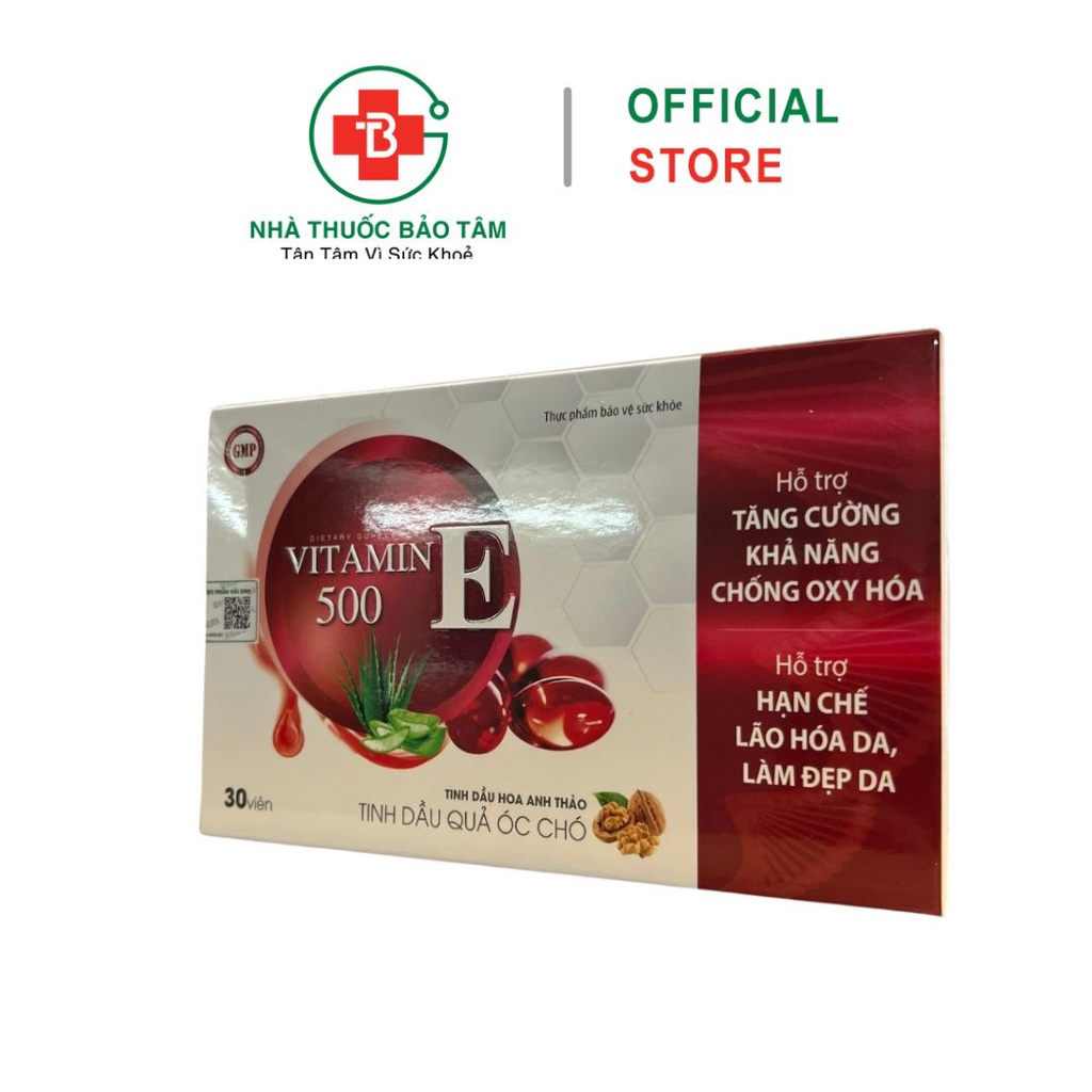 Vitamin E 500, E Đỏ Tinh Dầu Quả Óc Chó,Chống Oxy Hóa,Chống Lão Hóa Da, Bổ Sung Vitamin E, Sáng Da, Đẹp Da - Hộp 30 viên