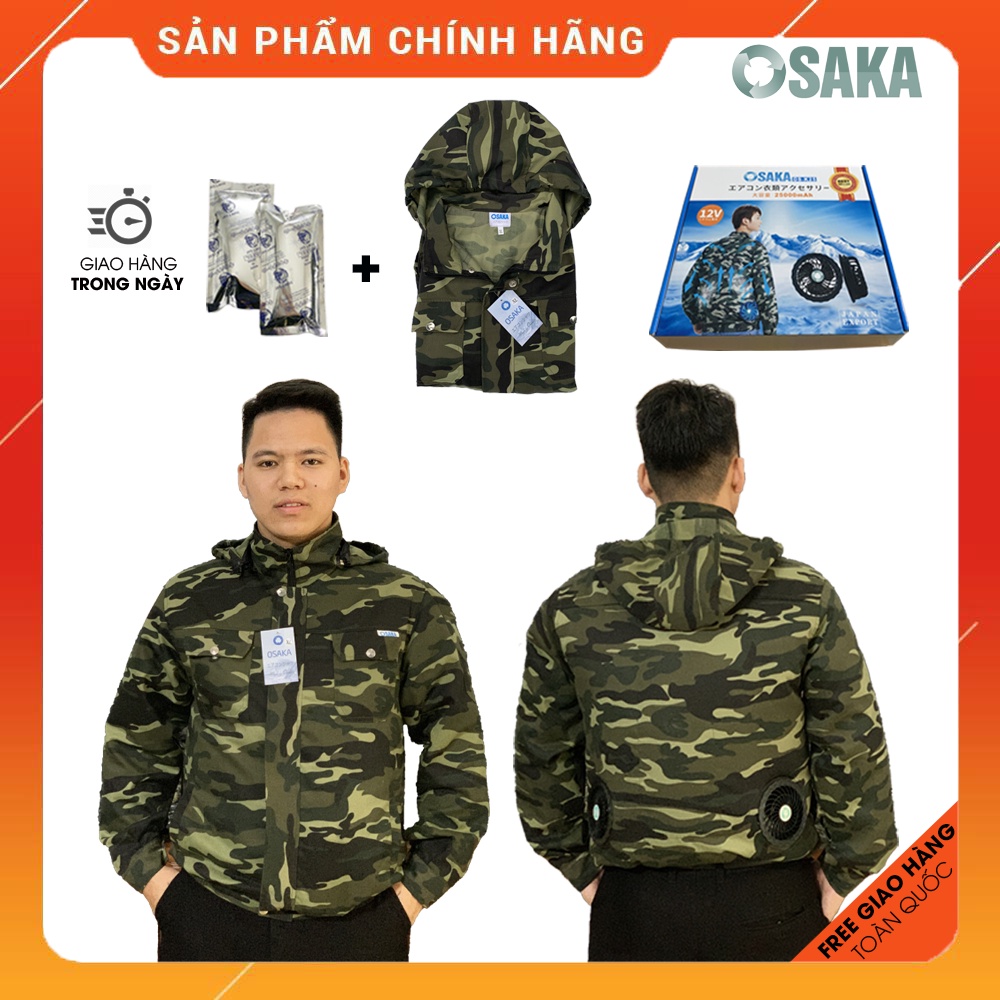 ( Không Kèm Quạt, Pin) Áo Rời Áo điều hoà OSAKA màu rằn ri, Áo có mũ vải dày dặn siêu giữ gió KHÔNG bai, xù