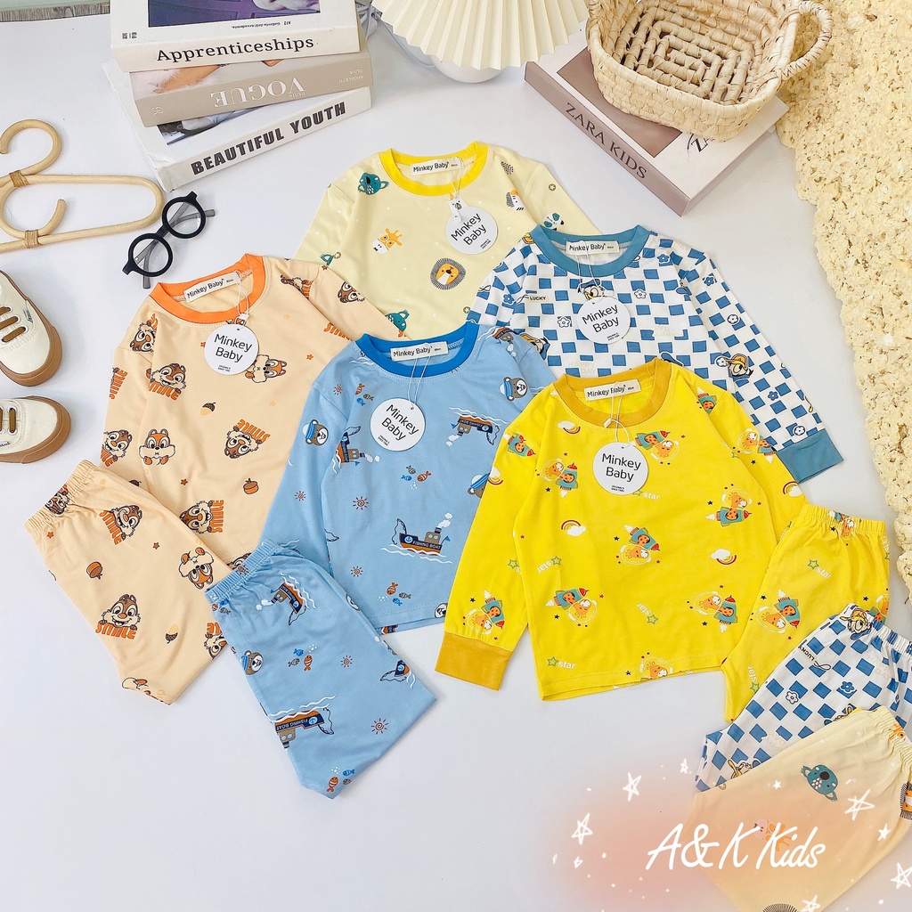 Bộ dài tay in họa tiết phối viền,thun lạnh minky mịn mát cho bé trai, gái size 6-30kg M.59