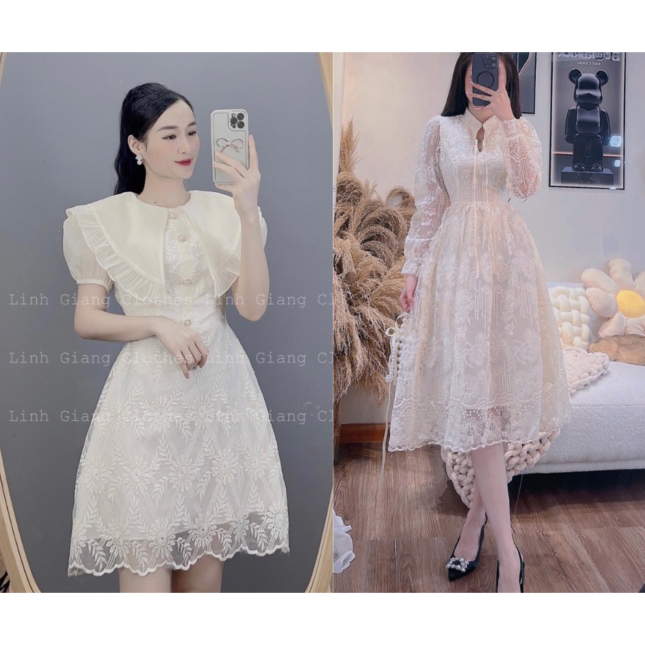 CÓ ẢNH THẬT ib chọn size - Váy ren trắng tay dài thiết kế tiểu thư sang chảnh đi tiệc đi chơi