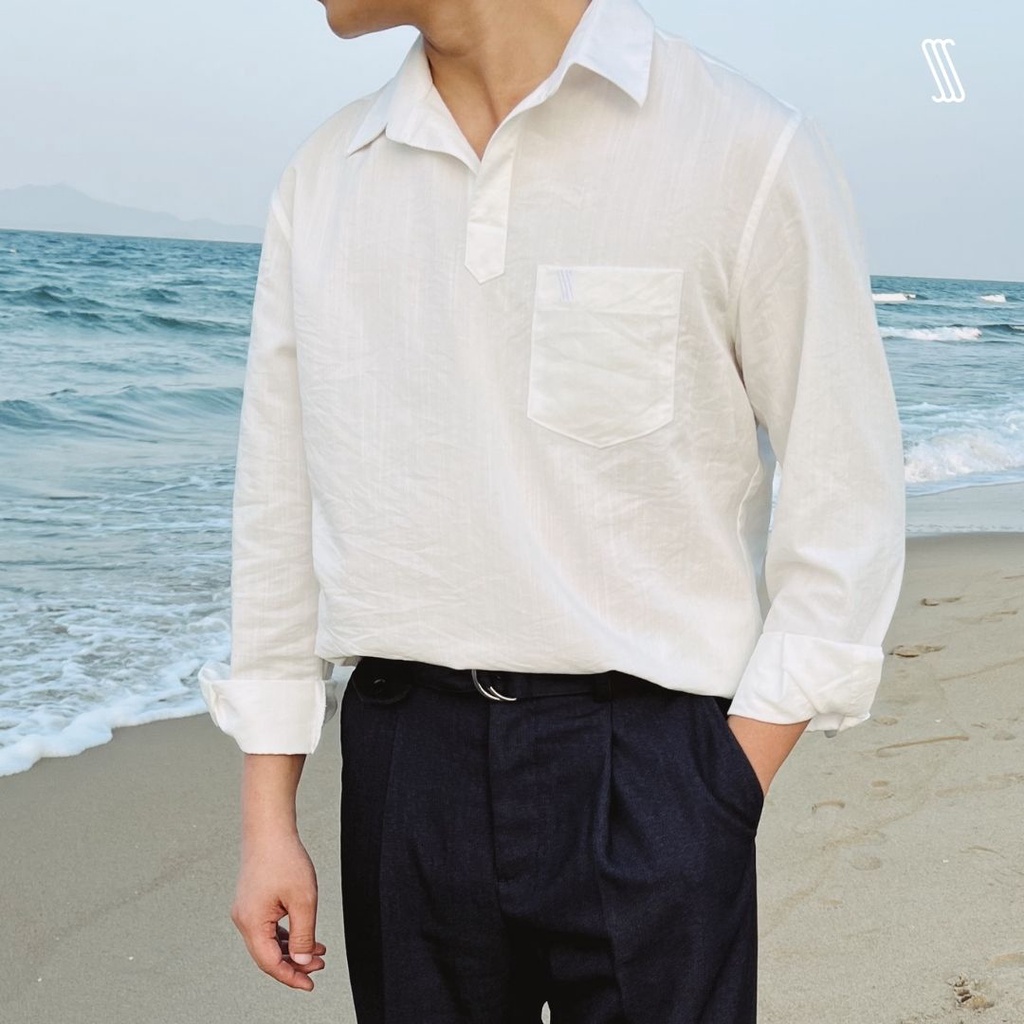 [Mã FATP17 giảm 50K đơn 200K] Sơ mi dài tay nam linen SSSTUTTER cổ bổ nẹp trụ thêu logo SHINE SHIRT - HALF