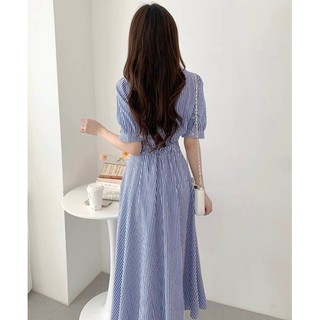 Đầm sọc xanh nút eo tay ngắn