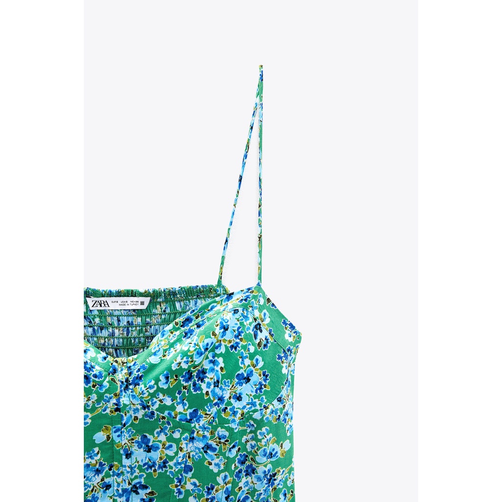 ZARA Đức - Đầm midi hai dây hoa nhí dáng dài cúp ngực lưng thun xẻ tà xanh dương sale auth new có sẵn 7484/163