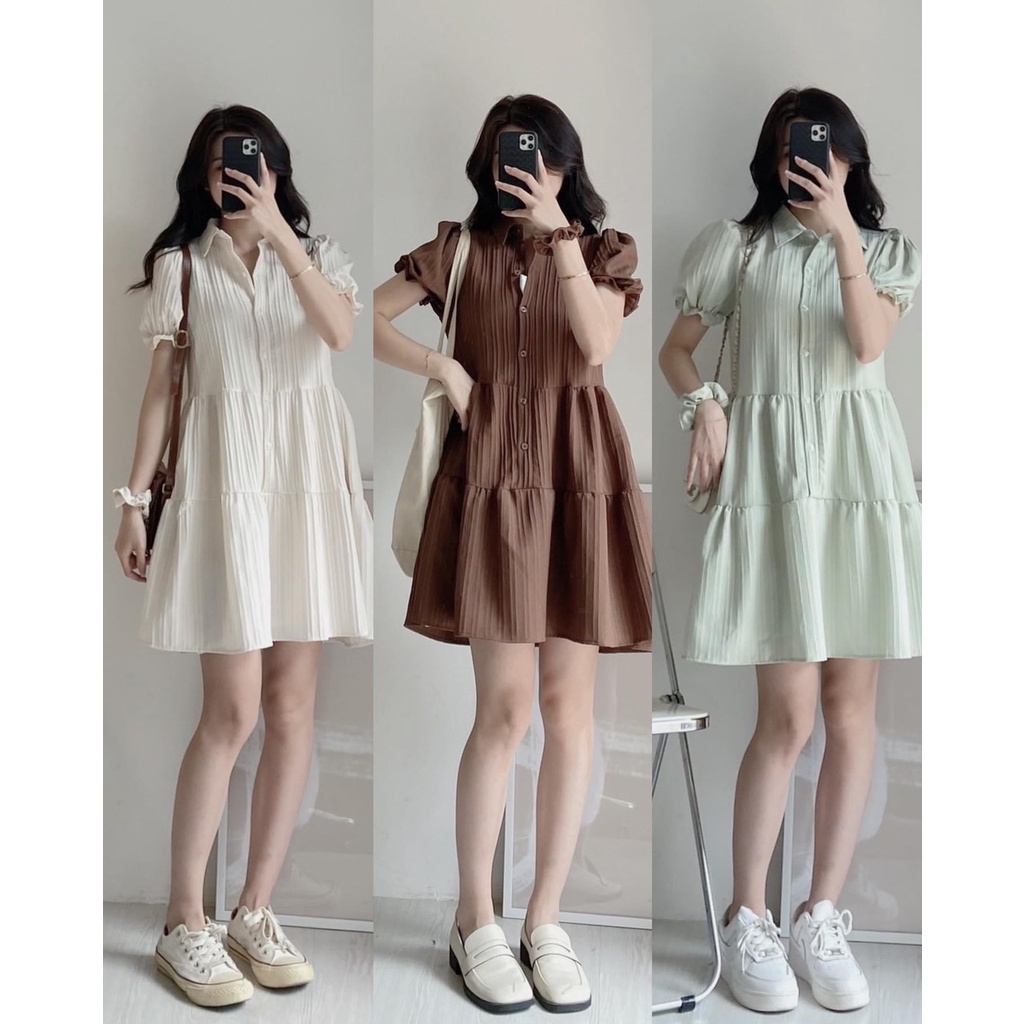 Váy mini ulzzang dáng ngắn EMIX, cộc tay phối cúc cổ sơ mi, chất đũi gân kèm dây buộc tóc 300