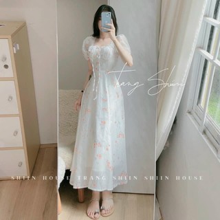 Đầm xòe bông hoa nhí nhún ngực cột nơ lụa cao cấp siêu xinh xắn
