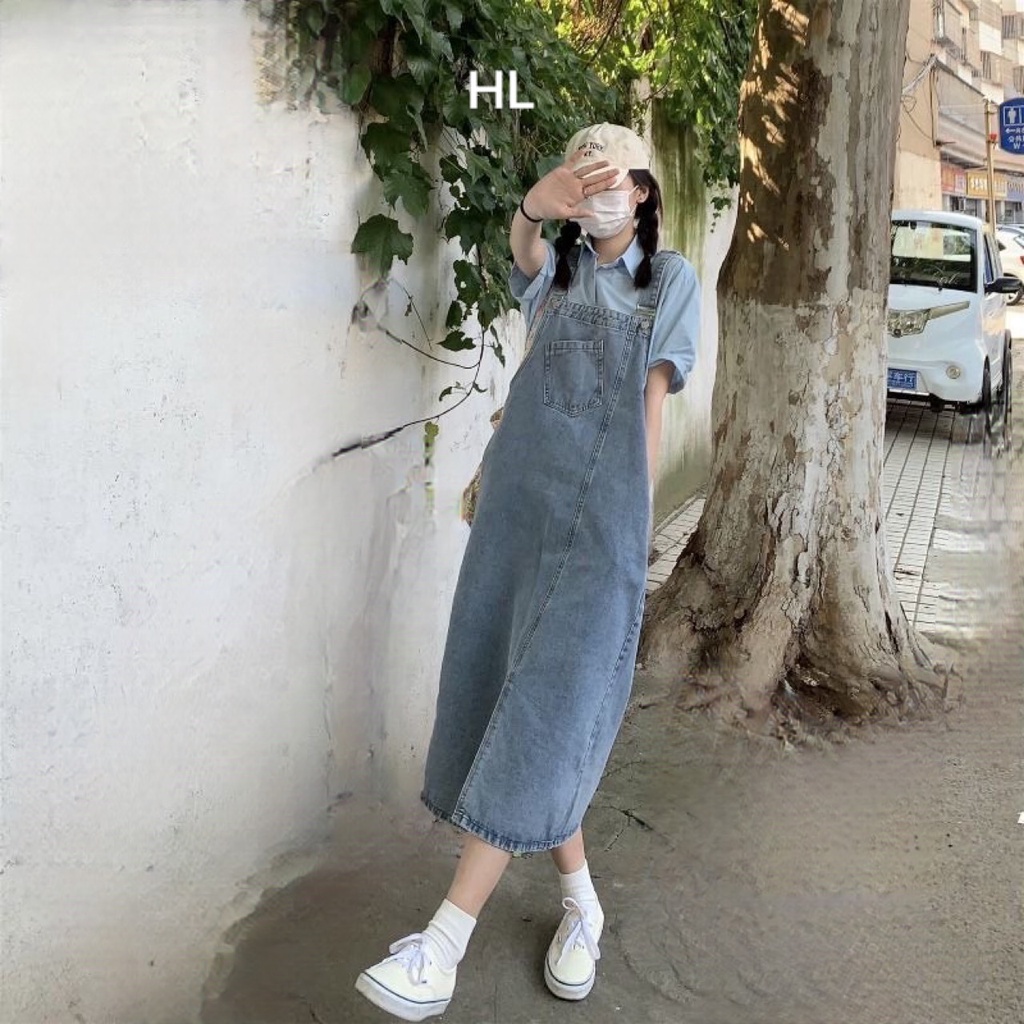 Yếm Váy Nữ Dáng Dài, Váy Yếm Bò Nữ Dài Lệch Gấu Thời Trang Hàn Quốc (ảnh thật + video tự quay)