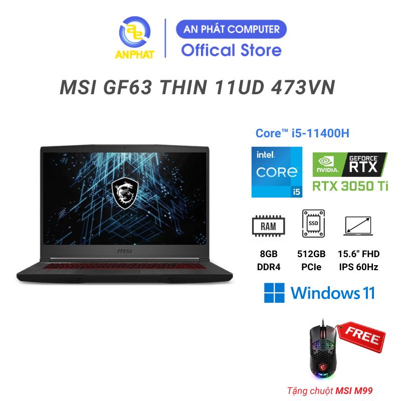 Laptop MSI GF63 Thin 11UD-473VN i5-11400H | 8GB/512GB | RTX3050 Ti Max-Q 4GB | 15.6"
