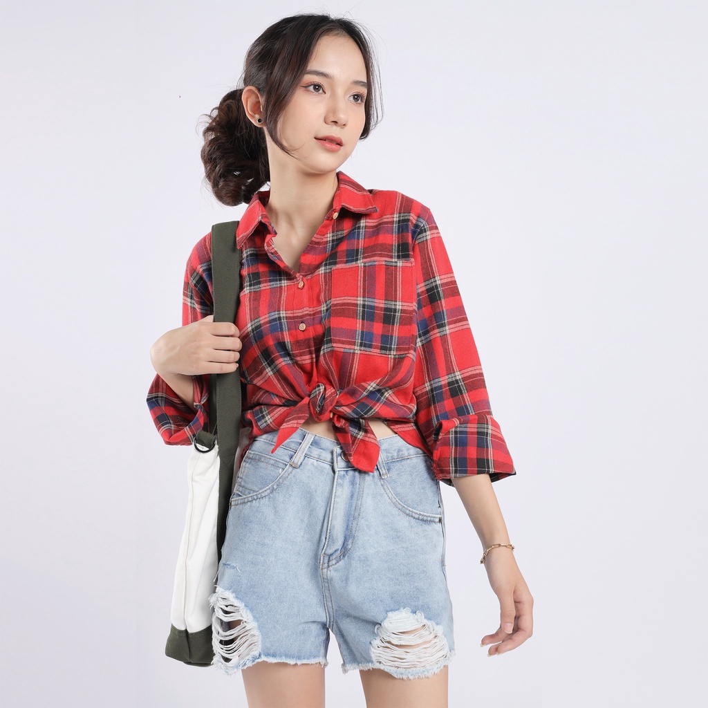 Áo sơ mi nữ kiểu kẻ caro form rộng tay dài hàng đẹp Việt Nam VN-QL69