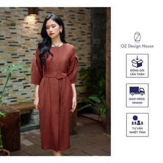 Đầm nữ OZ Design House DA04169SUM23 viscose cổ tròn cài khuy thắt đai eo màu nâu đỏ