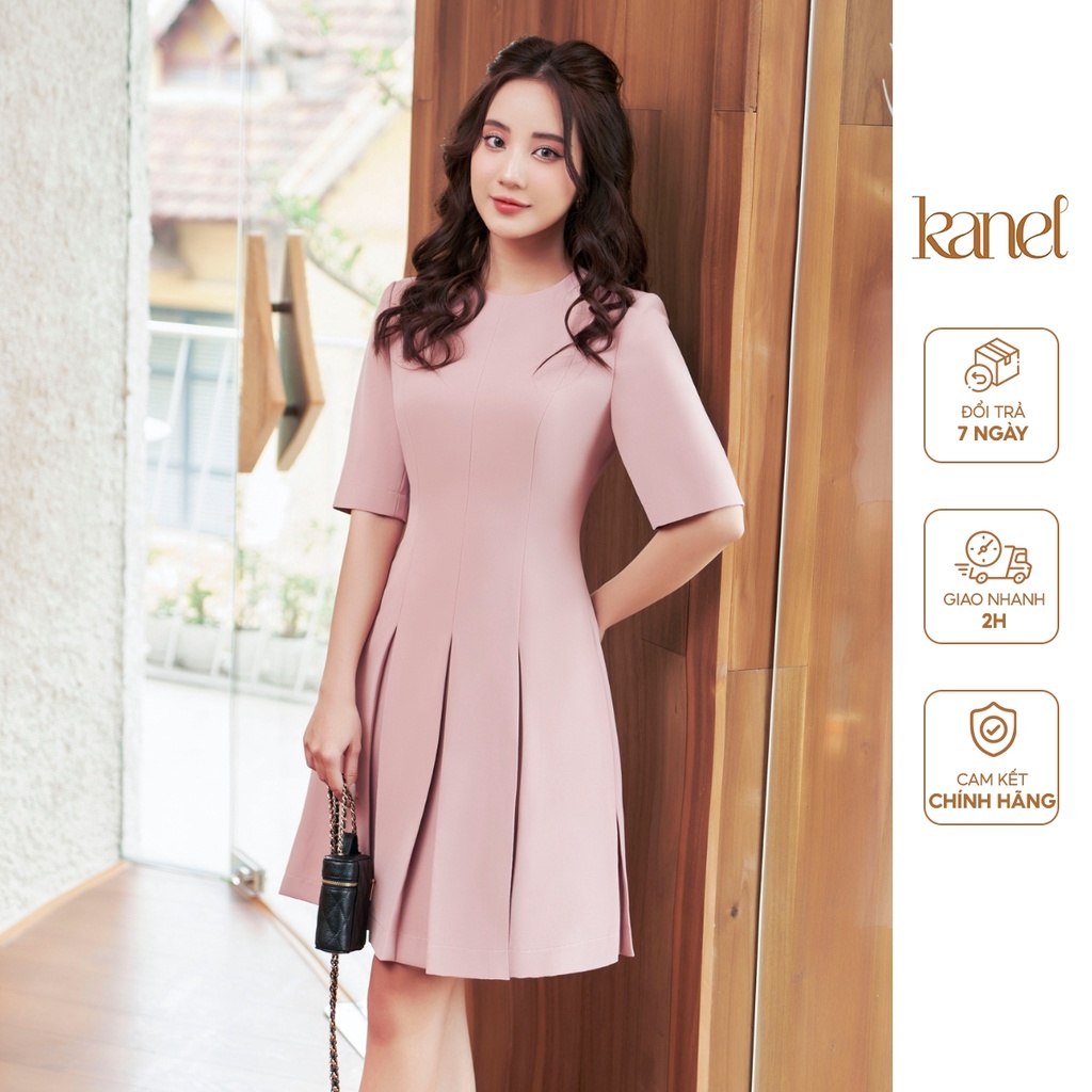 Váy liền KANEL cổ tròn tay lỡ xếp ly - V1675, váy liền công sở nữ cổ tròn 3 màu hồng trắng đen , váy công sở tay ngắn