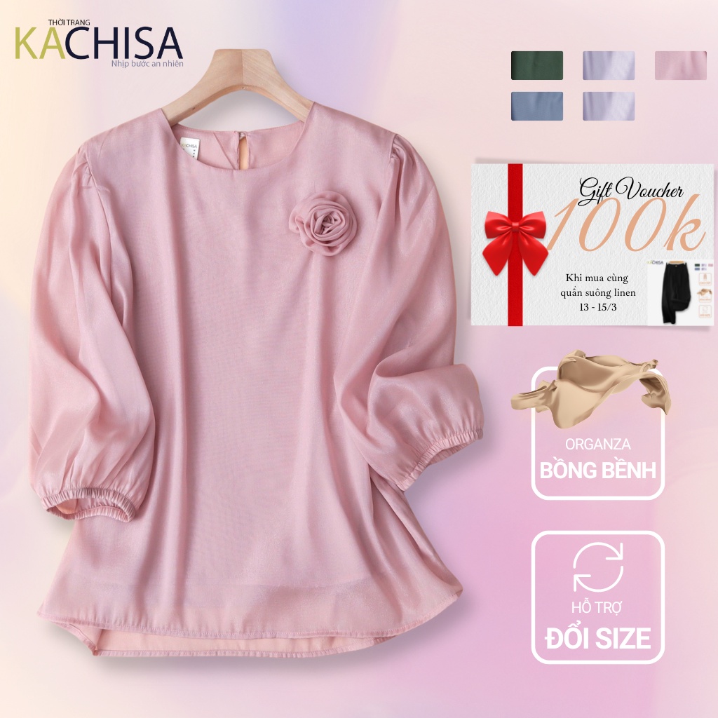 Áo kiểu bigsize trung niên cao cấp Organza Roses Shirt tay phồng, form rộng che bụng - Thời trang KACHISA 763SQE