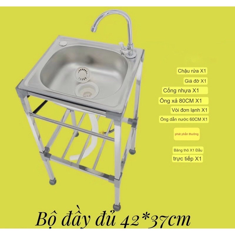 Chậu rửa chén 1 hộc inox 42*37*83cm có chậu, chân, vòi, bộ xả