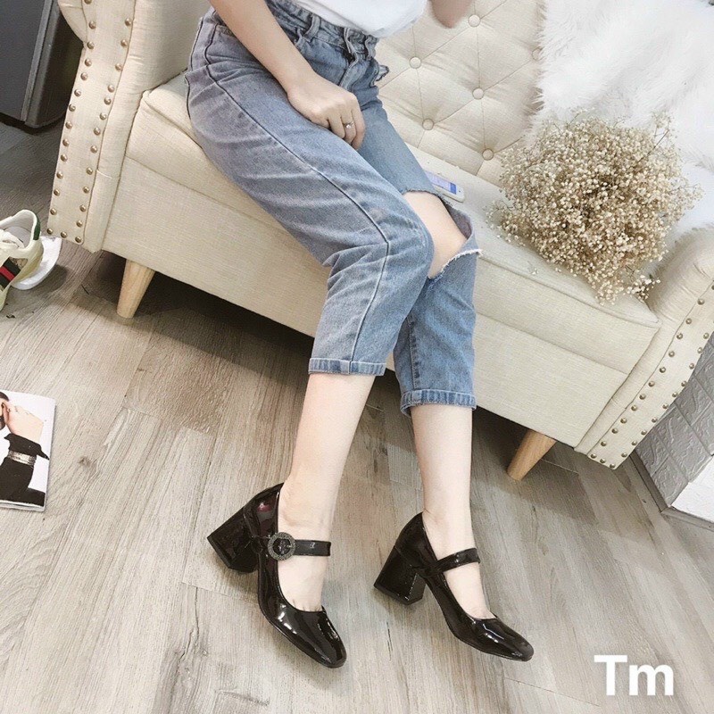 Giày 7 Phân Khóa Đá Tròn Chất Liệu Da Bóng Cao Câp Chuẩn Fom Size 35 - 39