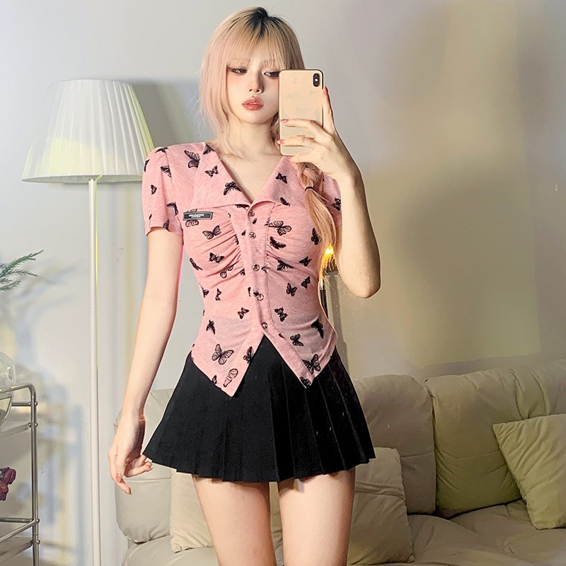 Áo Croptop Tay Ngắn In Hình Bướm Màu Hồng Thời Trang Cho Bé Gái 2023