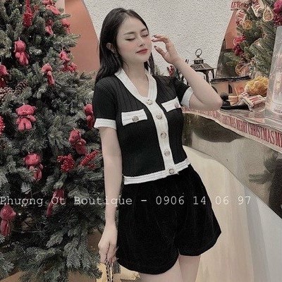 Bingshopvn Áo cardigan len dệt kim cao cấp phối khuy cổ tim tay ngắn form ôm thời trang cho nữ