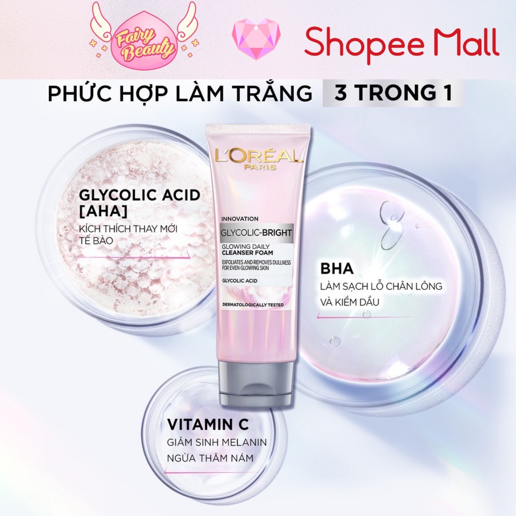 [L'OREAL PARIS] Sữa Rửa Mặt AHA - BHA Làm Sạch Sâu Giúp Sáng Da Và Mờ Thâm Nám Mềm Mịn Glycolic Bright 100ml