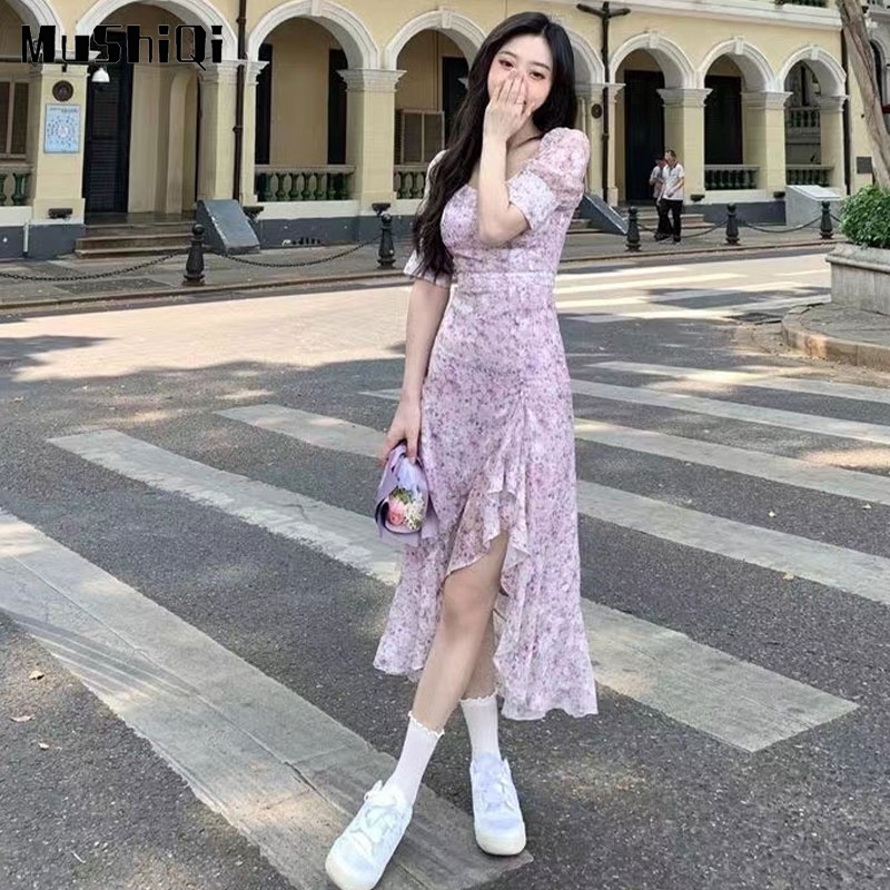 Đầm Dài Cổ Vuông Xẻ Tà Họa Tiết Hoa Thời Trang Mùa Hè Cho Nữ