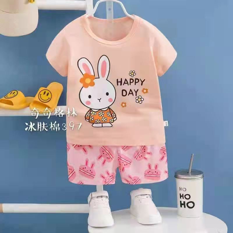 (QiQi 26-38kg) Đồ bộ Quảng Châu QiQi xuất hàn - Bộ cotton cộc tay QiQi xuất Hàn cho bé gái 7-10 tuổi