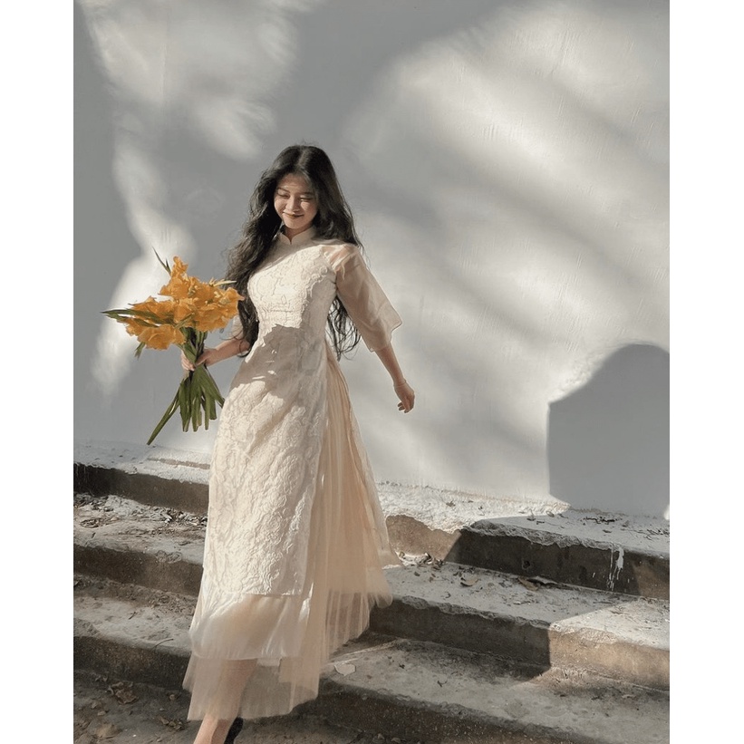 Áo dài cách tân áo dài tết tay lỡ chât tơ voan phối áo dài tết thời trang mùa xuân