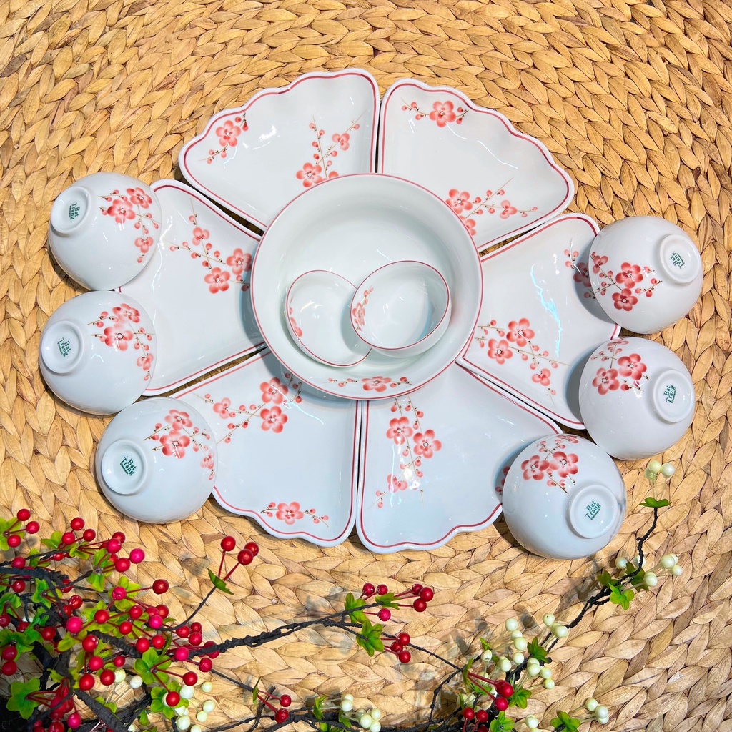 Bộ Bát Đĩa Hoa Mặt Trời men kem chỉ xanh hoa văn đài sen,Bộ bát đĩa cúng tết Gốm Bát Tràng, nhiều mẫu mã set 7-32 món