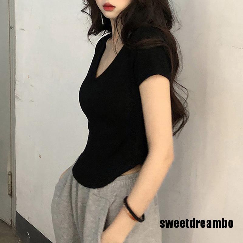 Áo Thun Tay Ngắn Cổ Chữ V Màu Trơn Thiết Kế Độc Đáo Thời Trang Mùa Hè Cho Nữ