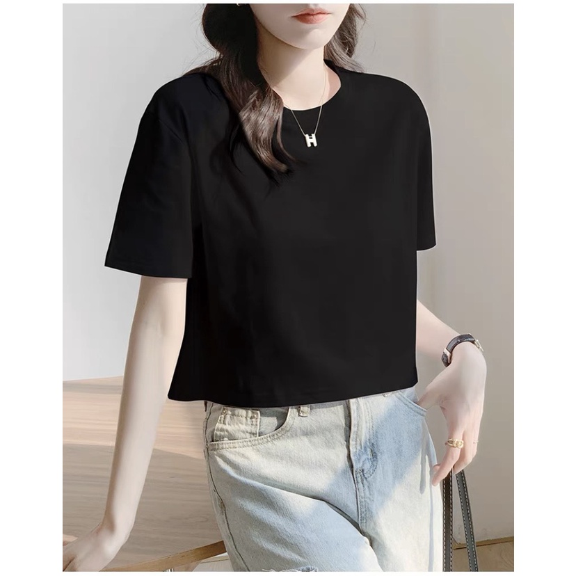 Áo thun croptop trơn dáng rộng, cơ bản tay ngắn cổ tròn 581 FIORI STORE